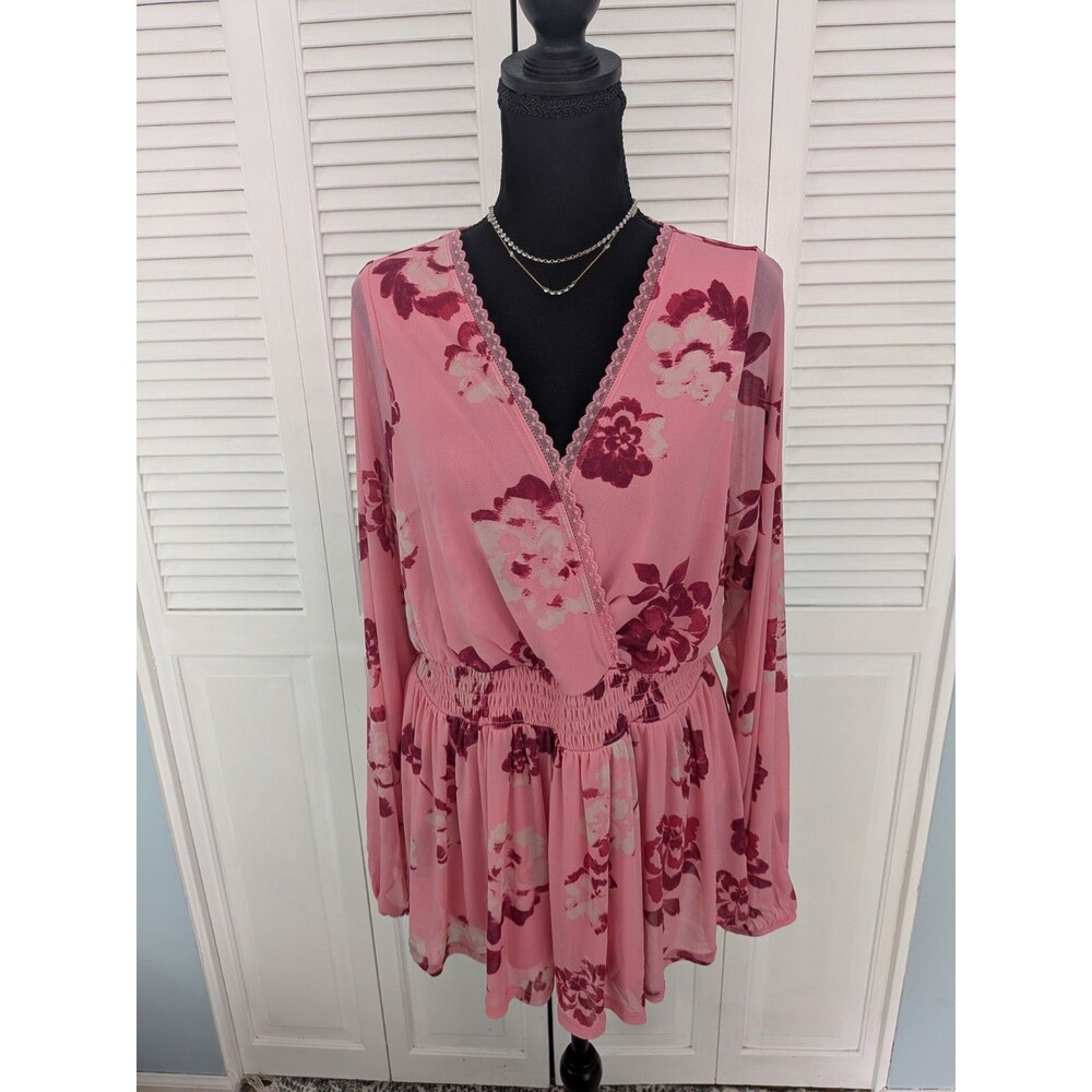Torrid Floral Mesh Babydoll Top Women's L/12 Pink Surplice Boho Peasant Stretch